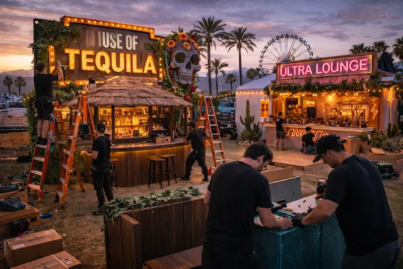 Experiential marketing production crew executing on-site installation of a branded pop-up activation at a festival environment, building scenic structures, bar setup, and lighting elements during live event production setup