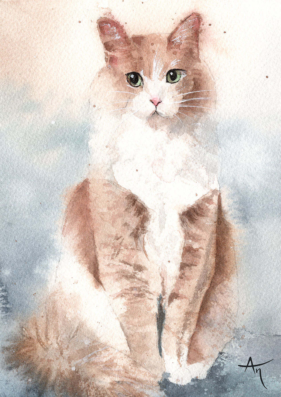 Watercolor pet portrait of a ginger and white cat