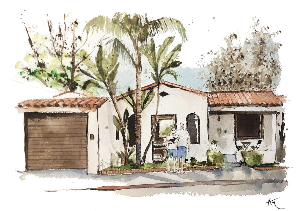 Watercolor home portrait of a white Spanish-style house with palm trees
