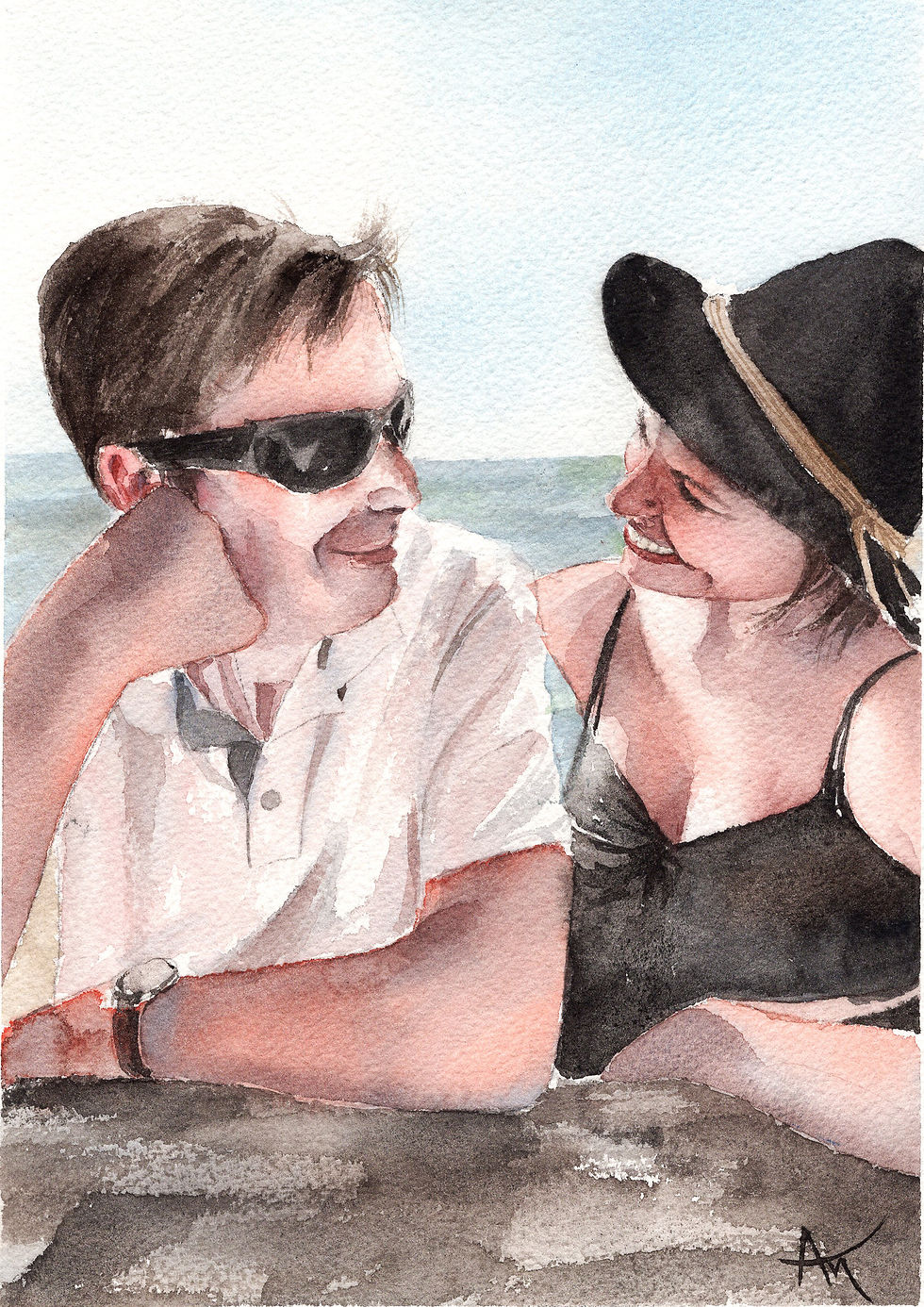 Watercolor couple portrait of a couple in sunglasses by the sea