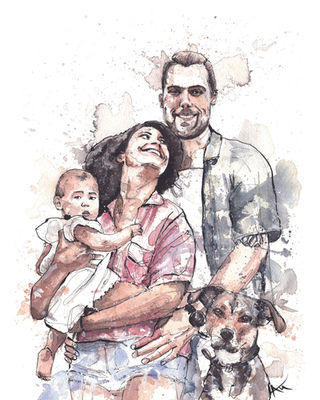 Watercolor family portrait of parents, baby and their dog, hand-painted custom family portrait