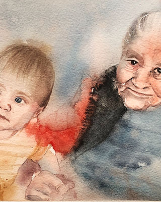 Watercolor portrait of a grandmother with her baby grandchild, hand-painted family portrait