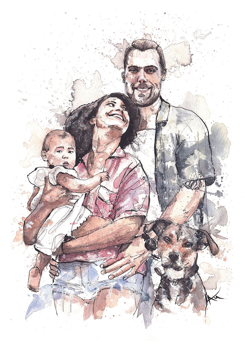 Hand-painted watercolor family portrait of parents with a baby and dog
