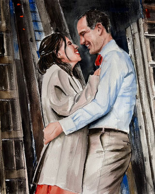 Watercolor couple portrait of a couple embracing in an industrial setting, hand-painted after-event painting