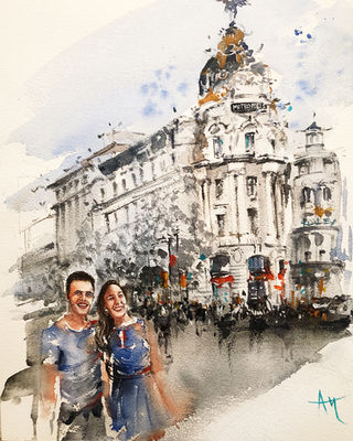 Watercolor cityscape of a couple in front of the Metropolis building in Madrid, hand-painted travel portrait