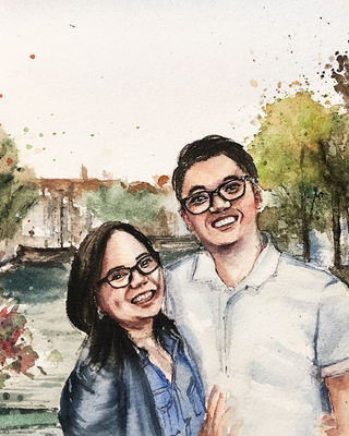 Watercolor couple portrait of a smiling couple by a river with trees, hand-painted custom portrait