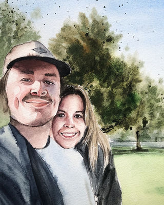 Watercolor couple portrait of a smiling couple in a green park, hand-painted custom portrait