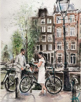 Watercolor Amsterdam cityscape with canal houses, bicycles and a wedding couple, hand-painted city portrait