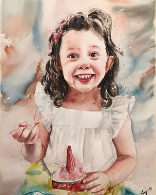 Watercolor child portrait of a smiling little girl in a white dress, hand-painted custom portrait