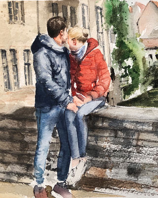 Watercolor couple portrait of a couple sitting by a canal and stone bridge, hand-painted engagement portrait