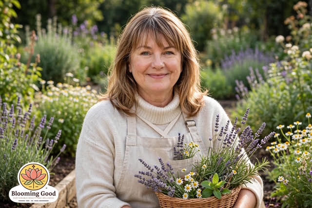 Woman holding lavender and herbs for natural skincare.
