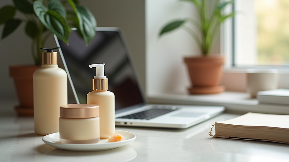 Eye-level view of a cozy workspace with a laptop and natural skincare products