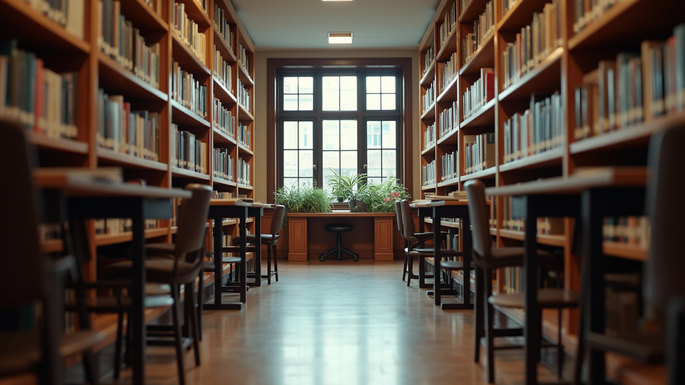 Eye-level view of a library filled with books and study spaces