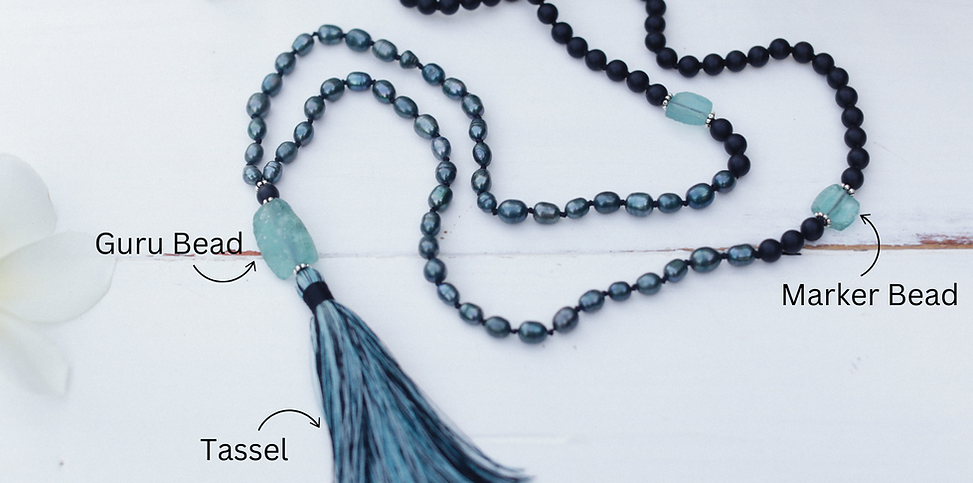 Blue Mala showing: Marker bead, Guru bead and Tassel