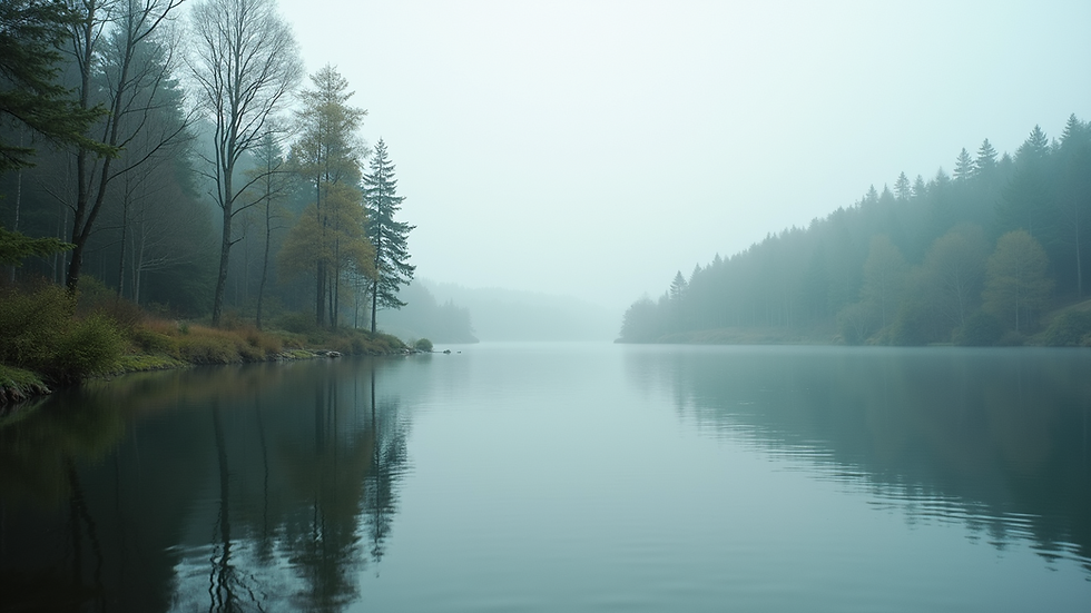 Eye-level view of a serene landscape with a calm lake and trees