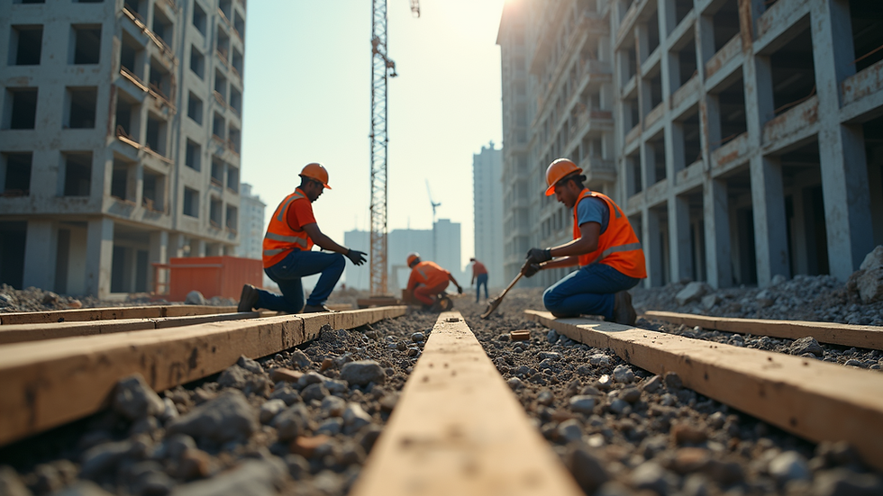 Eye-level view of a construction site with workers collaborating