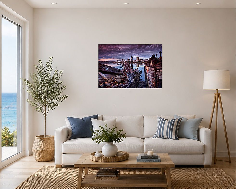 Landscape photo print shown on an Coastal Lounge Room