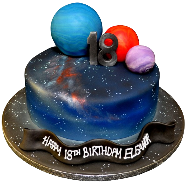 Bespoke celebration cake featuring colorful planets and stars, crafted in Solihull, West Midlands.