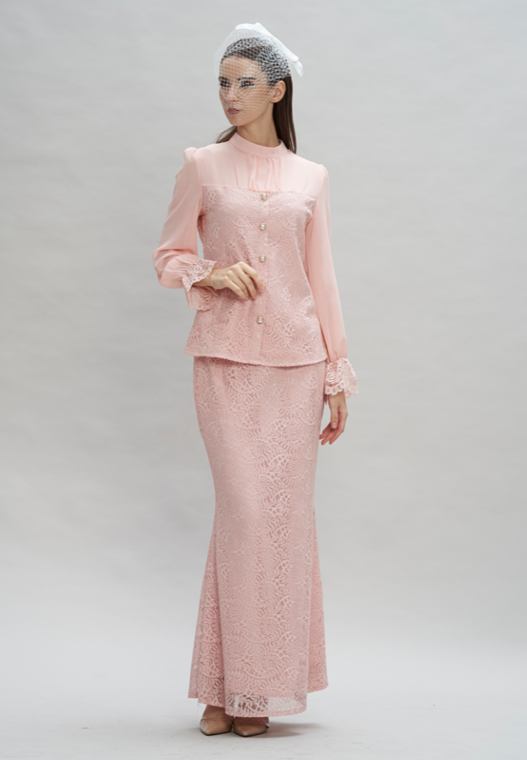 Thumbnail: shop pink victoria high neck modern lace kurung online