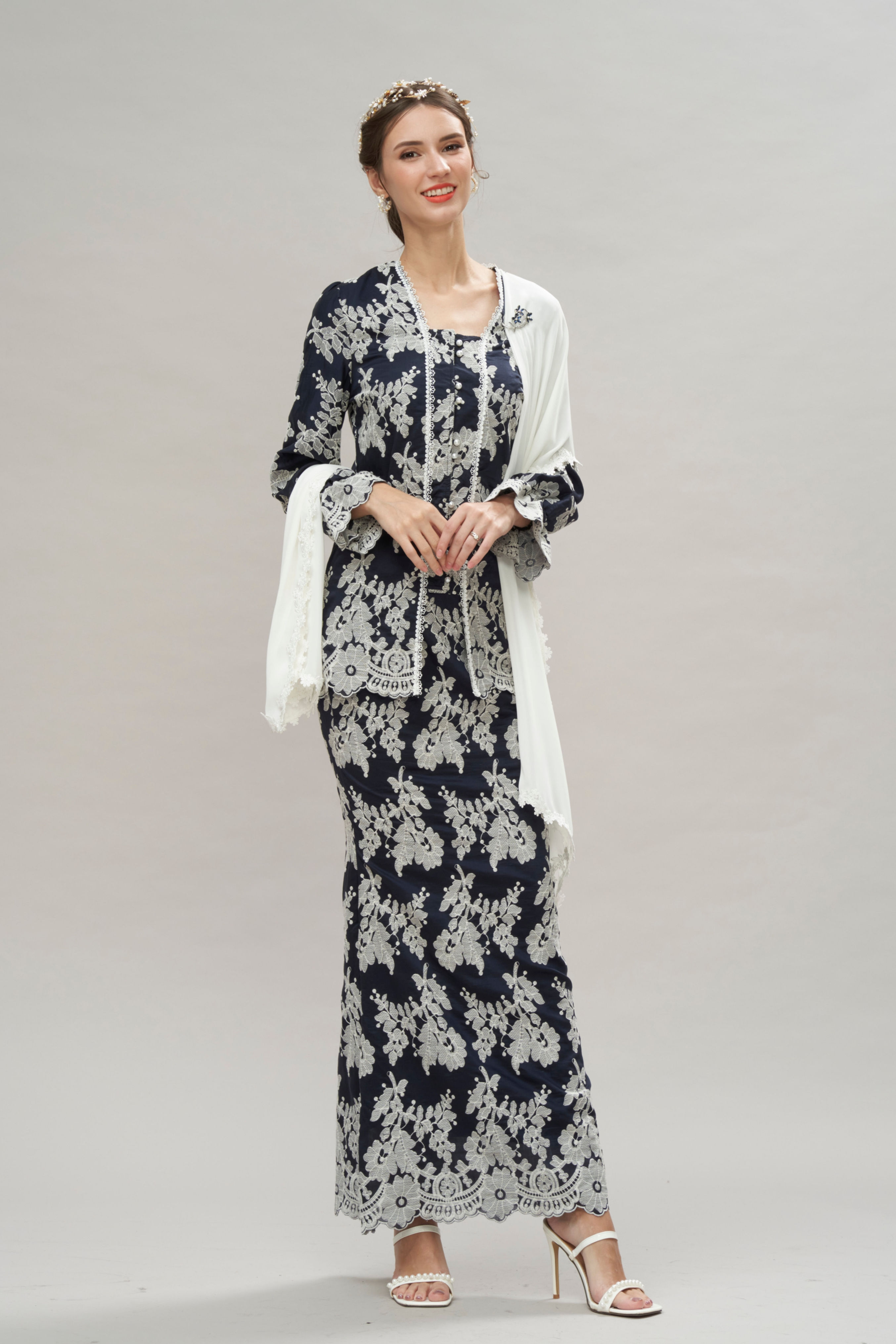 Loveaisyah Navy Blue Embroidery Puff Sleeve Kebaya Top & Maxi Skirt