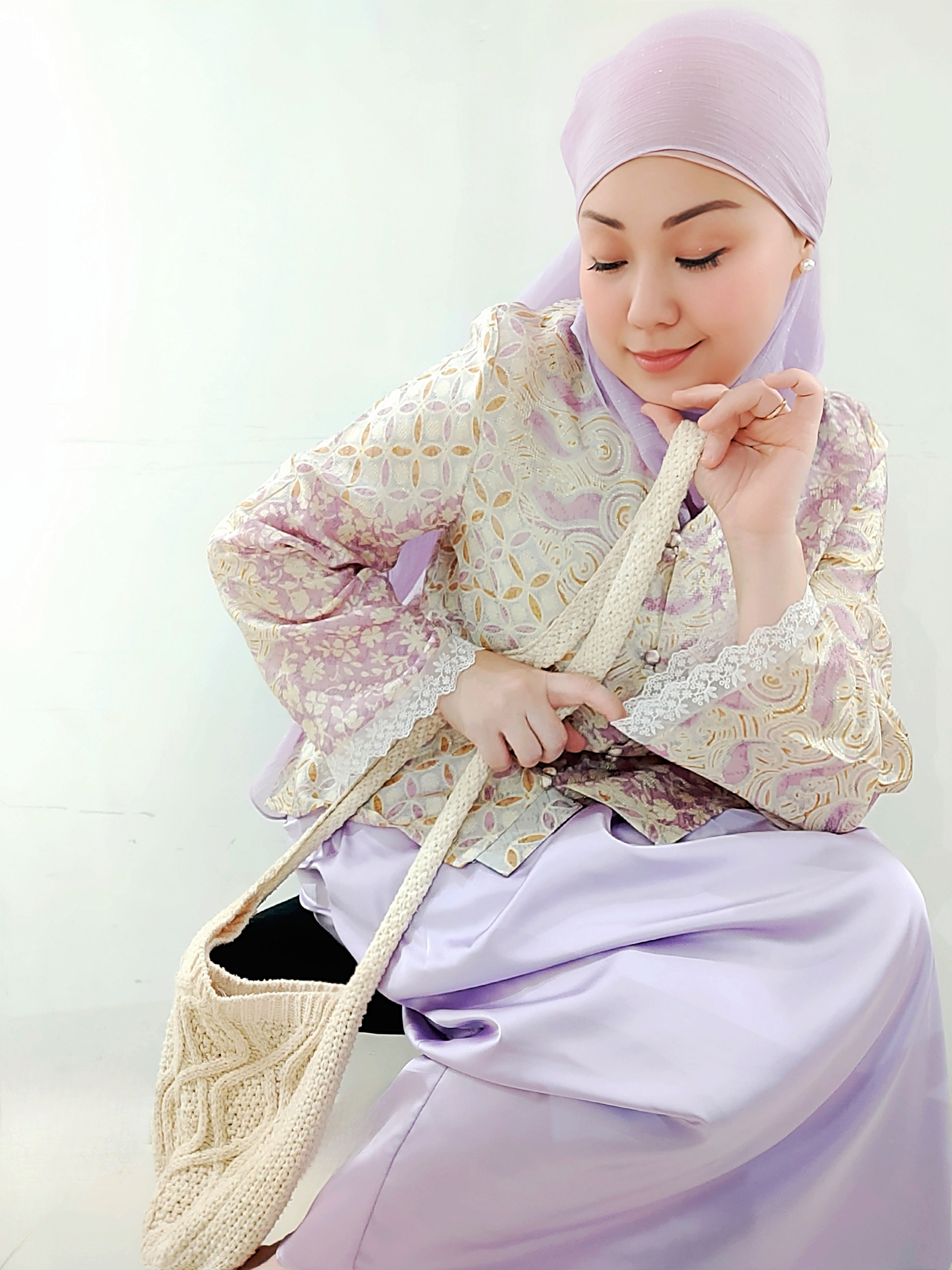Loveaisyah Premium Batik Lilac Kebaya & Satin Wrap Skirt Modern Baju Kurun