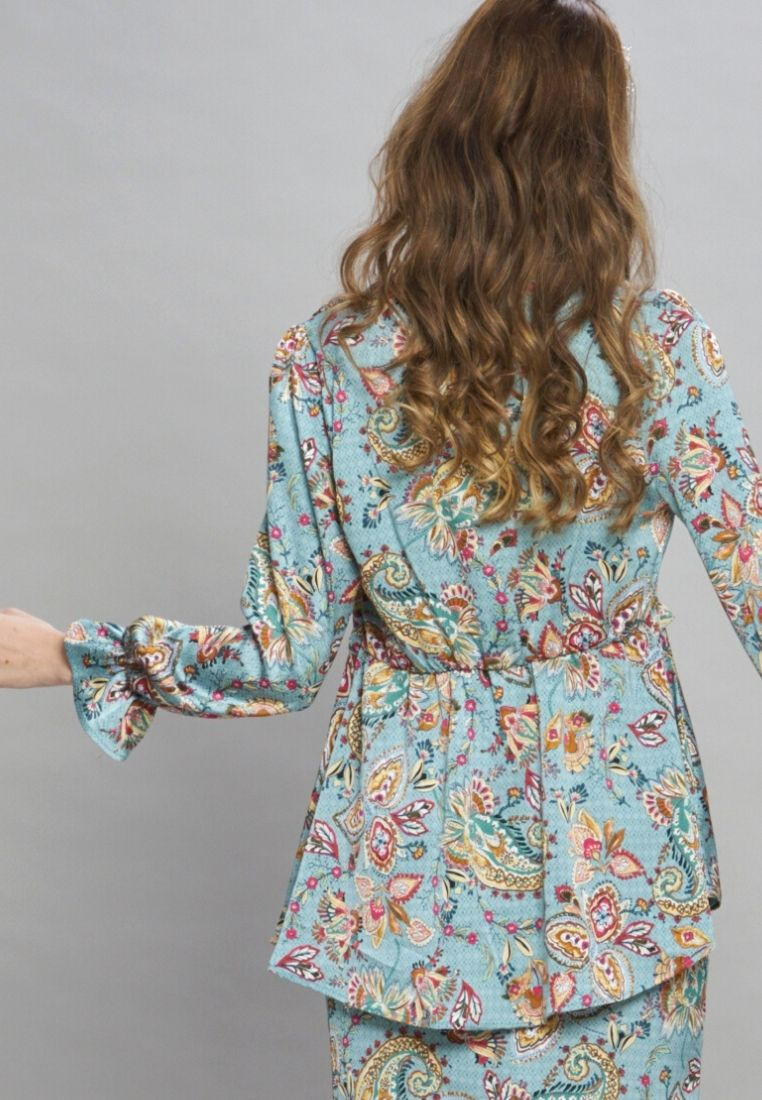 Thumbnail: Ruffle long sleeves Teal Blue Paisley printed Blouse Top