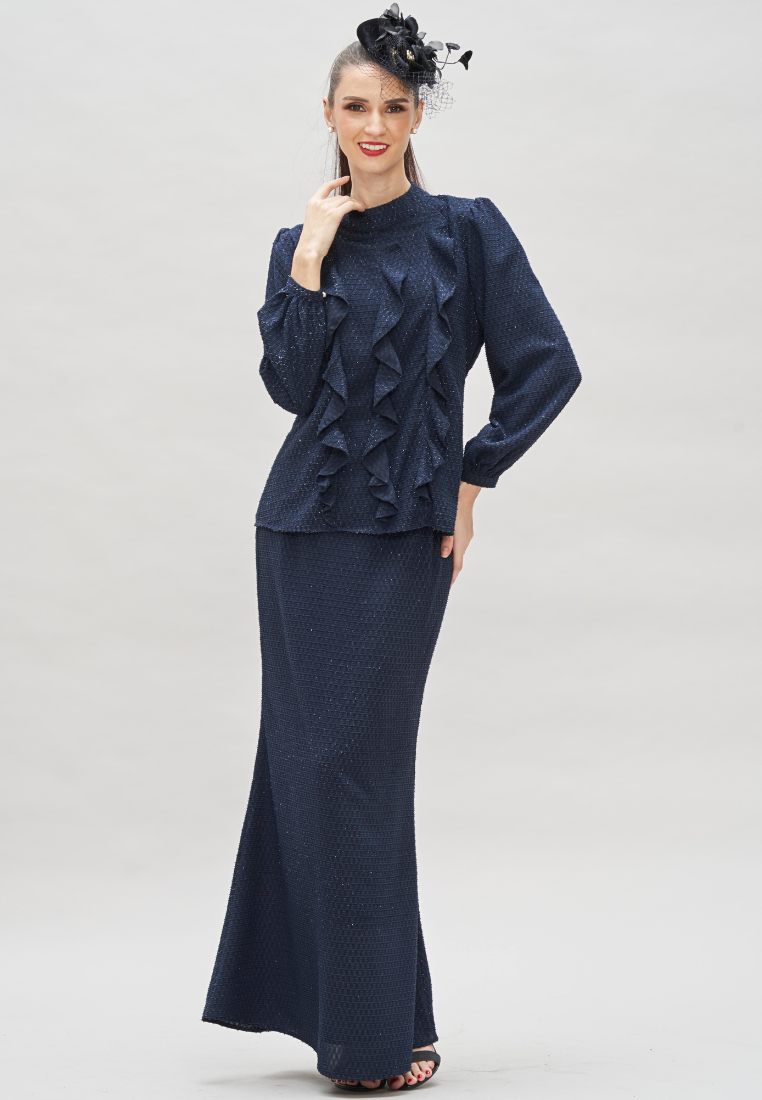 Thumbnail: Loveaisyah Victoria Frill high neck Navy Textured Top & Mermaid Skirt