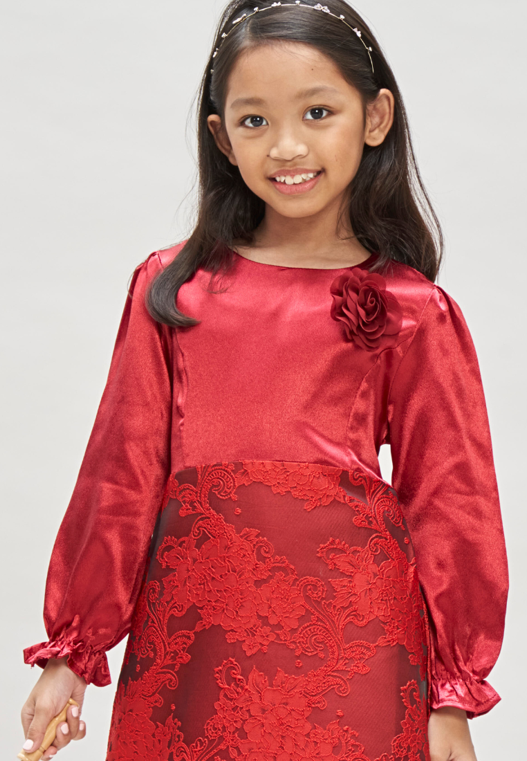 Thumbnail: Girl Maroon Red Dress with Flower Brooch Baju Hari Raya