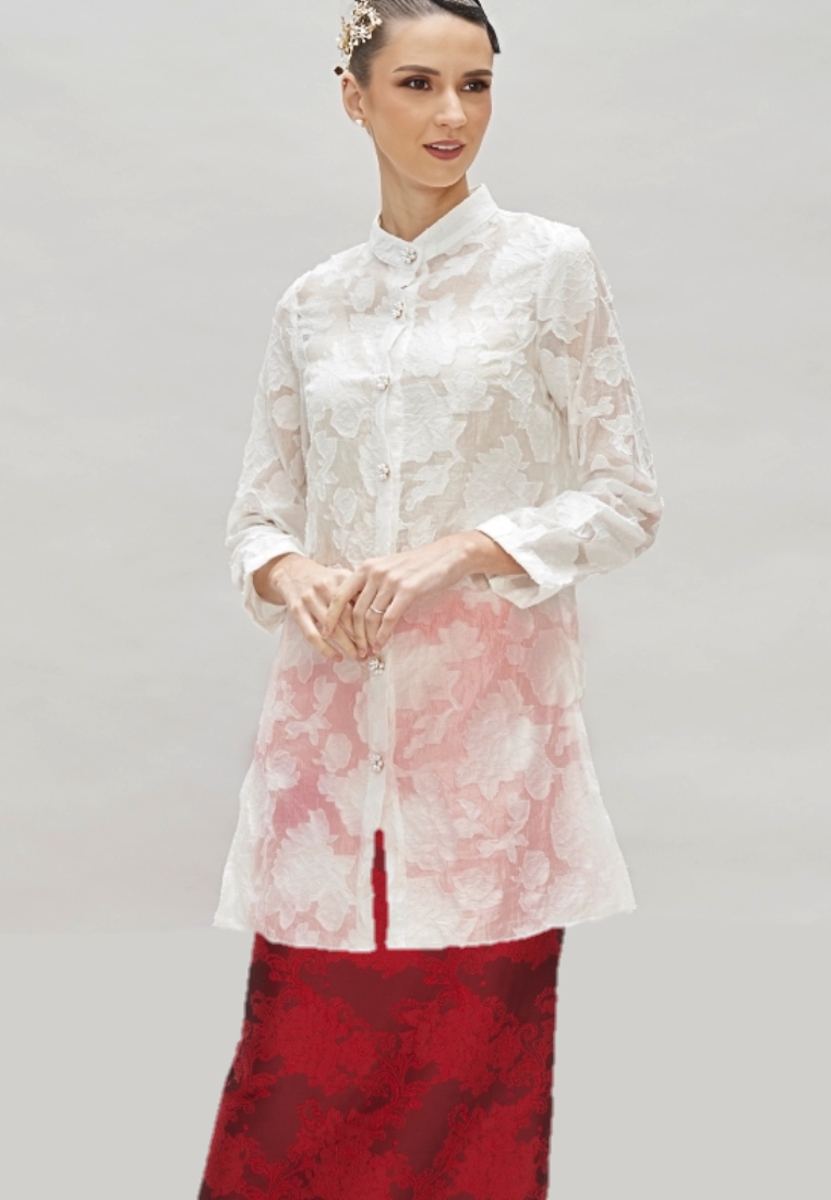 Thumbnail: Loveaisyah White high neck Chiffon Top and Maroon Red Jacquard Skirt