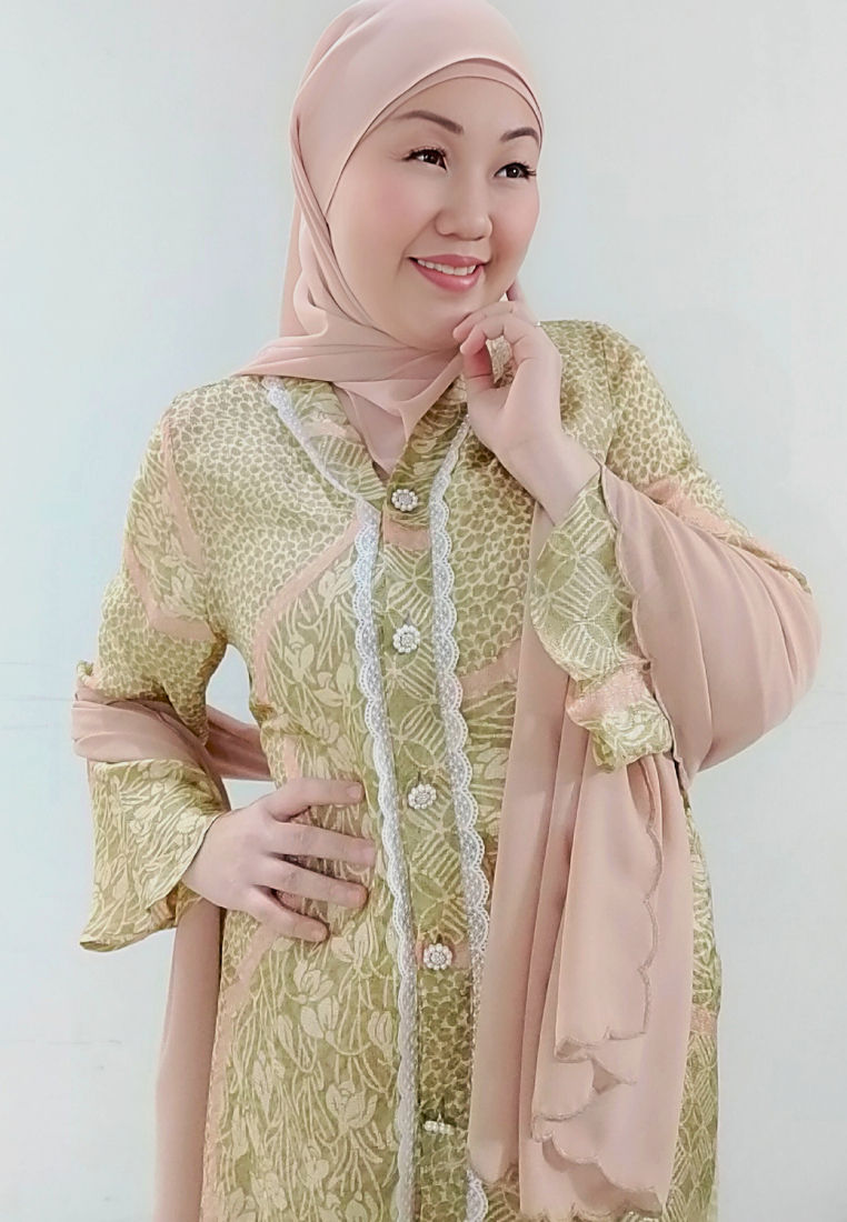 Thumbnail: Loveaisyah Premium Batik Khaki Dusty Pink long modern Kebaya & Satin Wrap Skirt