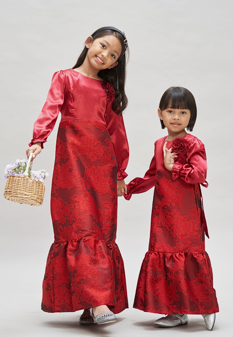 Thumbnail: Girl Maroon Red Dress with Flower Brooch Baju Hari Raya