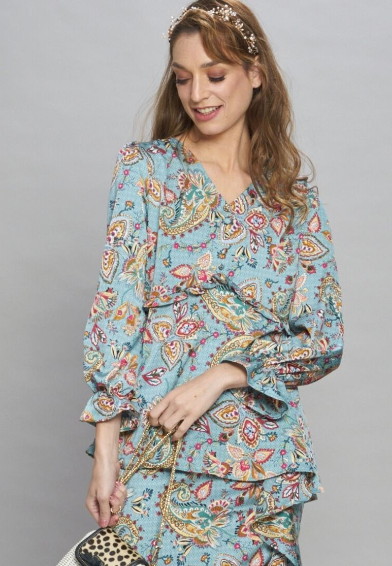 Thumbnail: Ruffle long sleeves Teal Blue Paisley printed Blouse Top