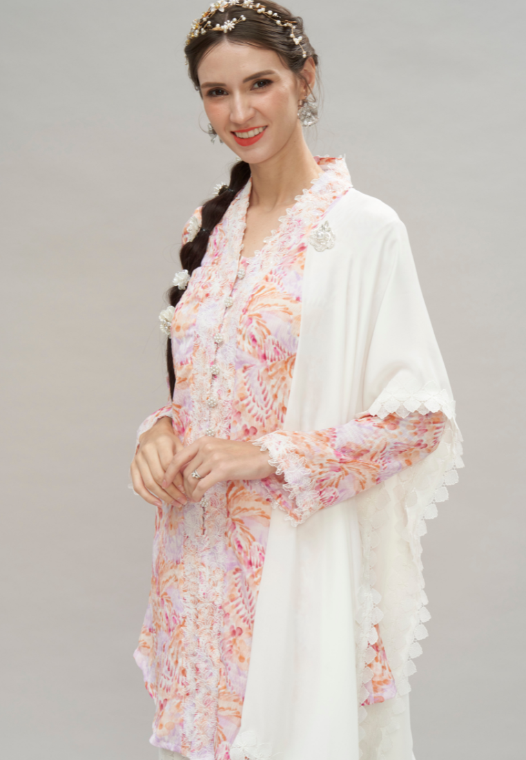Thumbnail: Loveaisyah Pink Floral Lace Trimming Kebaya & Checkered Embroidery Maxi Skirt
