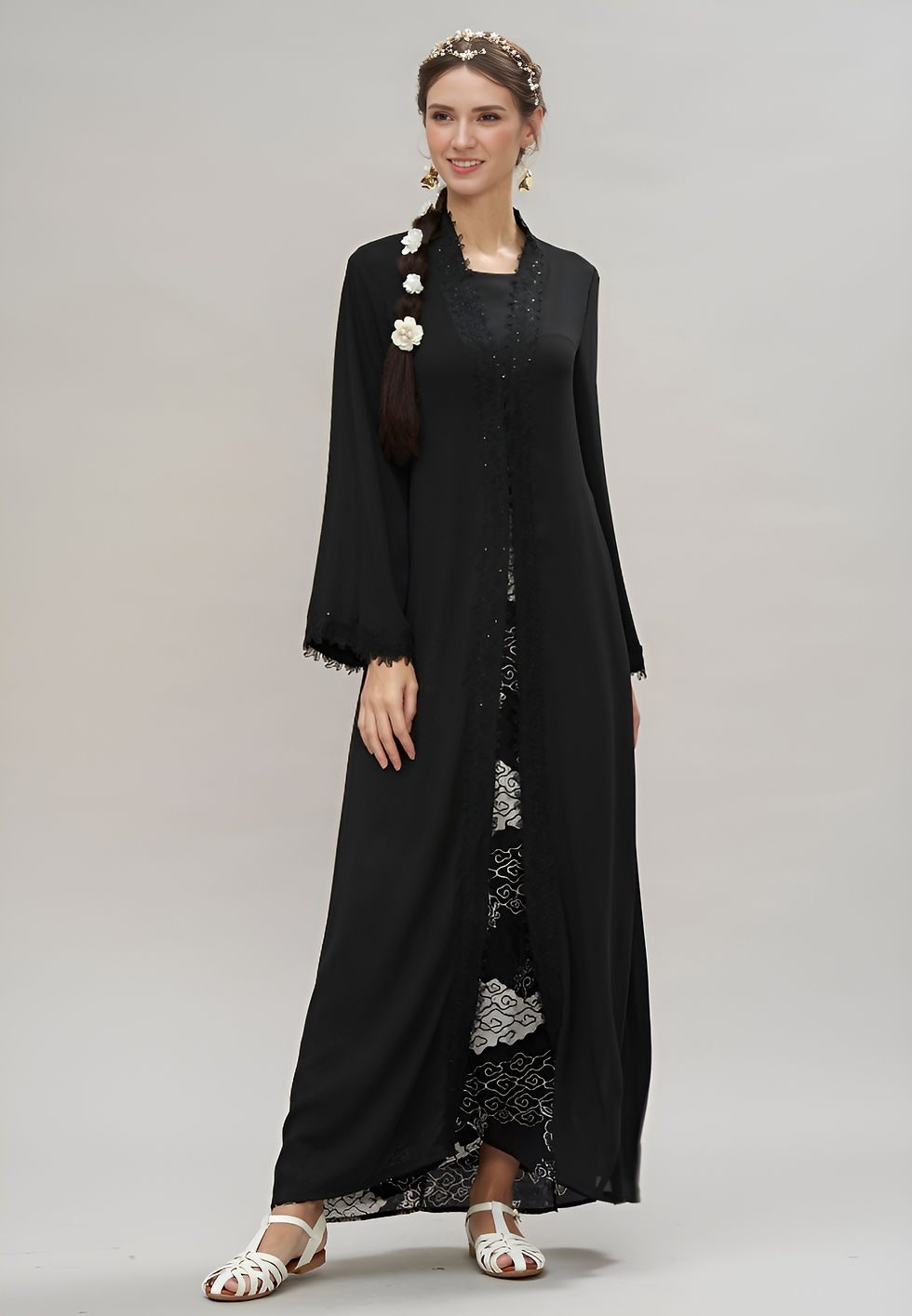 Thumbnail: Loveaisyah Black Modern Chiffon lace Abaya with Free Flower Brooch