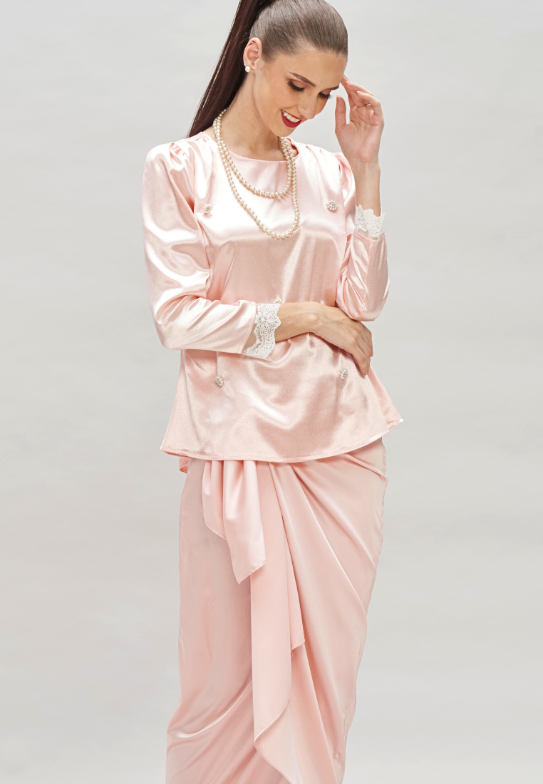 Thumbnail: Pink Faux Pearl Diamond Beaded Top & Satin Wrap Skirt Modern Baju Kurung