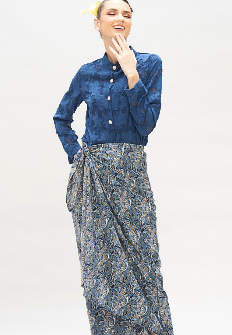 Thumbnail: Loveaisyah Navy Floral Paisley Instant Pareo Wrap Skirt