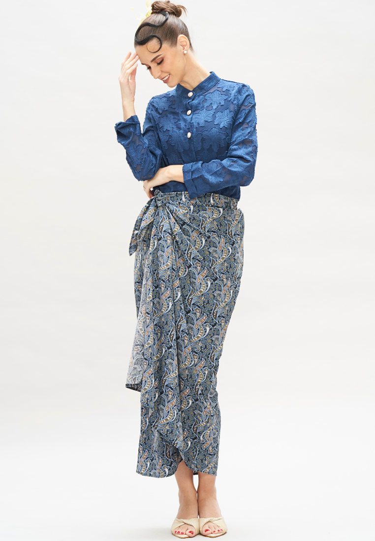 Thumbnail: Loveaisyah Navy Floral Paisley Instant Pareo Wrap Skirt