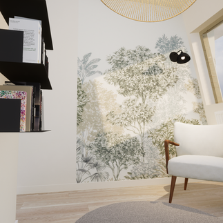 fauteuil installé dans un coin lecture marqué par des étagères et du papier peint