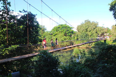Walk the suspension bridge to Kampong Pil Pagoda ... It's a fun, bouncy walk across the Plov Thmey suspension bridge that hangs over the Sangkae river