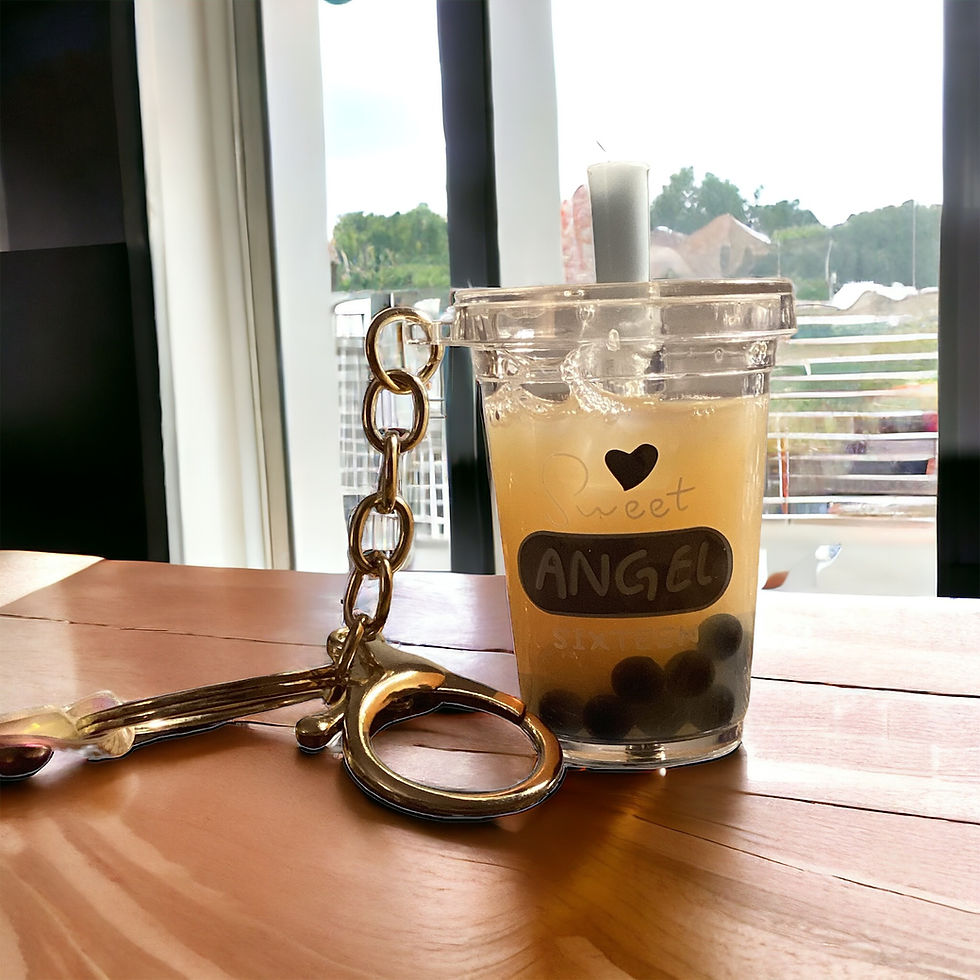 Milk tea boba liquid keychain with straw and yellow keyring