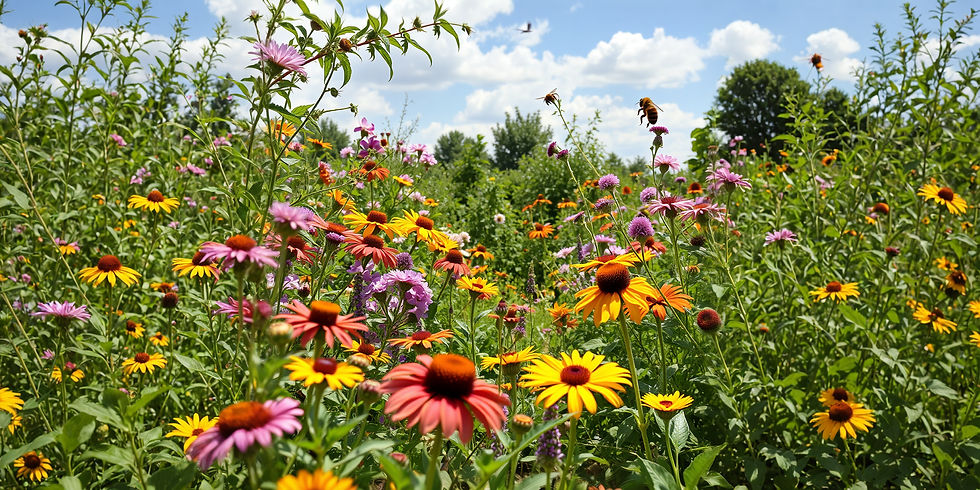 Landscape of a summer time garden flowers vegtables  bee.jpg