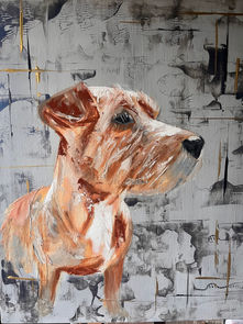 oil painting of an Irish Terrier on a blue/grey abstract background