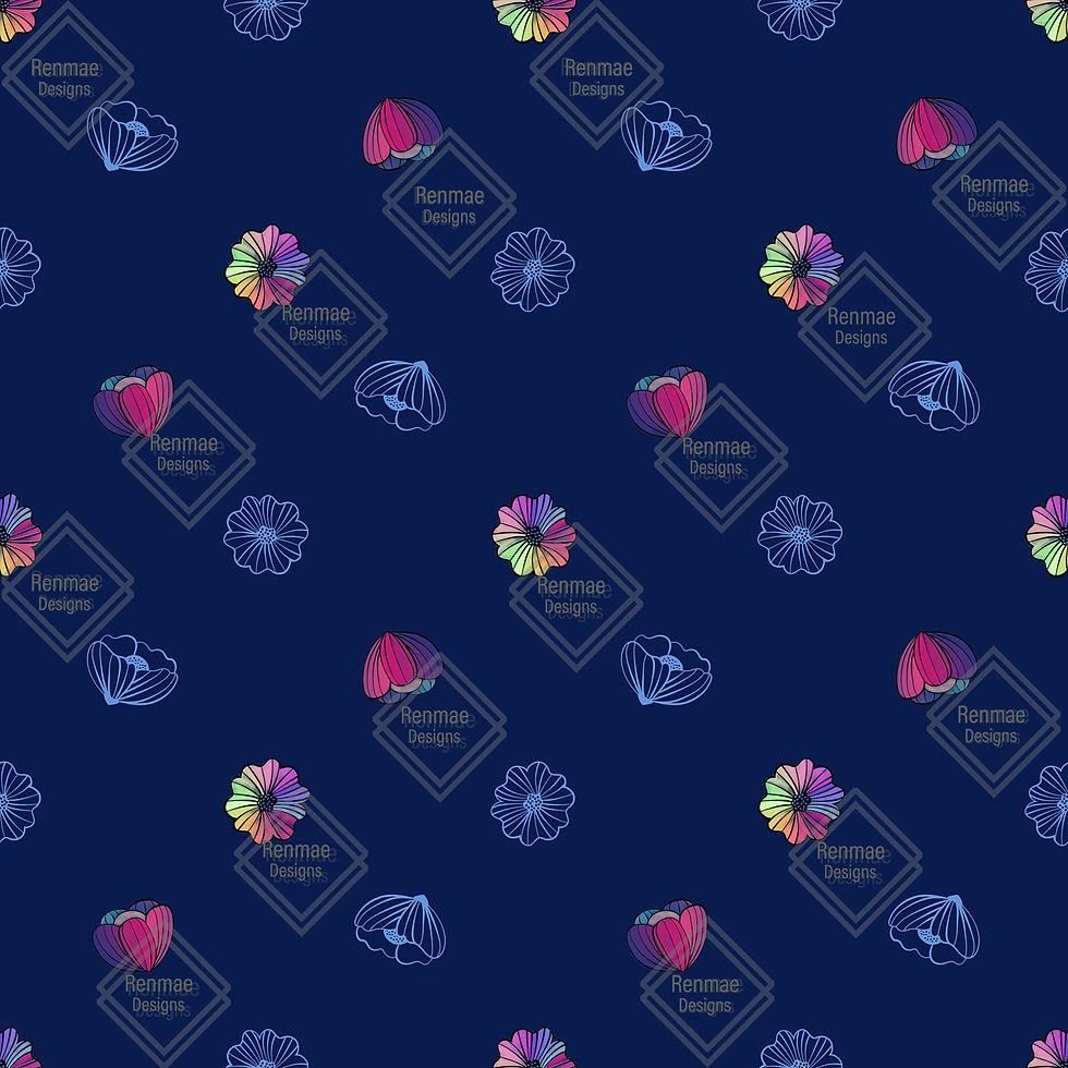 13" x 54" *Smooth vinyl* Small row watercolor flowers- navy-lg scale