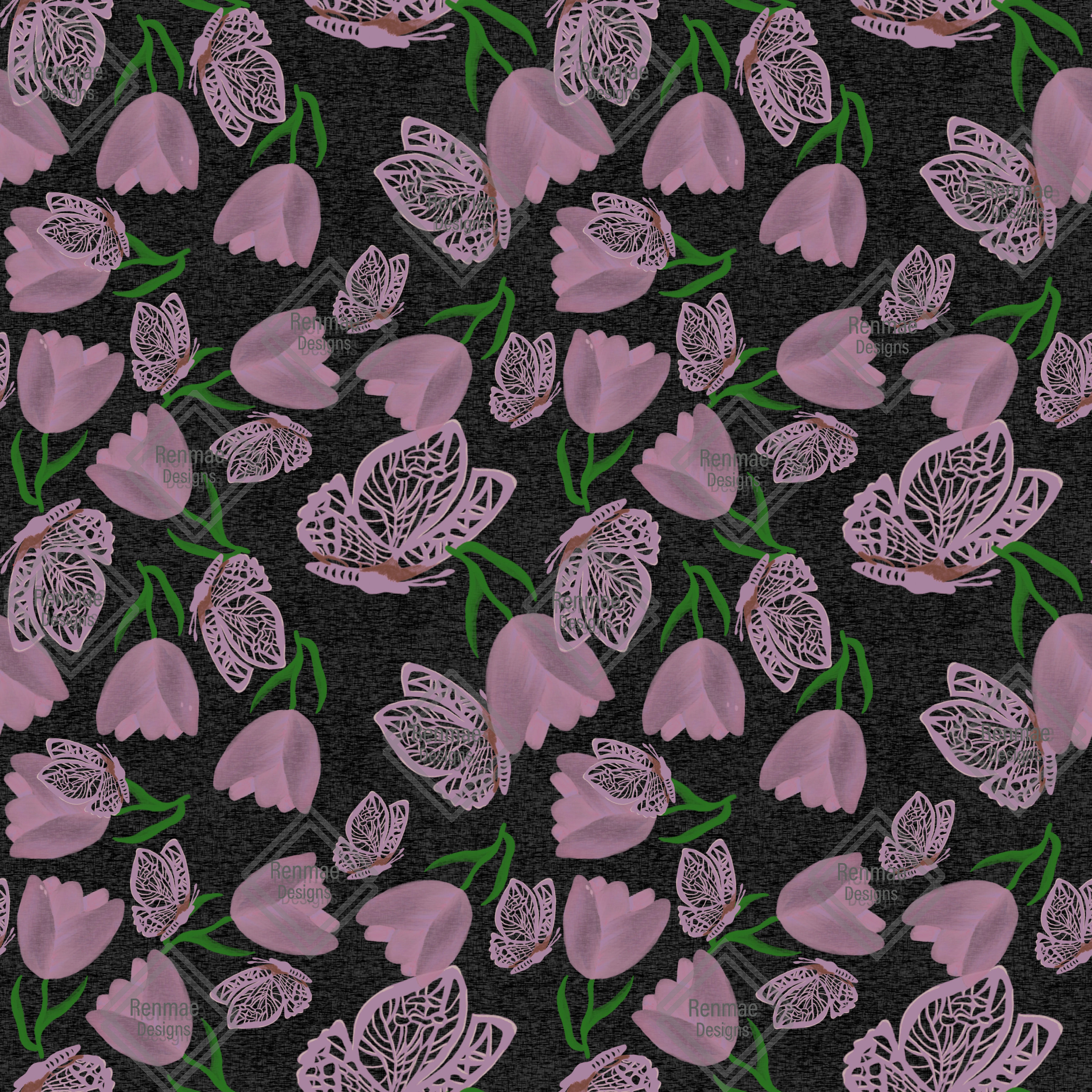 Cotton woven- Mauve flutter tulips- black