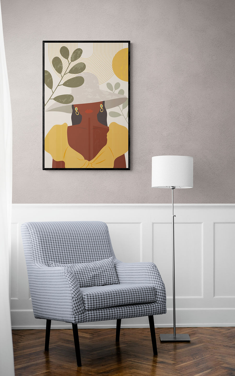 Thumbnail: Framed Art Print Boho Woman & Hat with Fern.