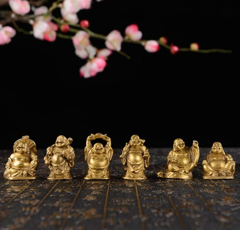 LuckyBuddha Statues Set of 6 - Gold - Bring Luck, Wealth, and Happiness