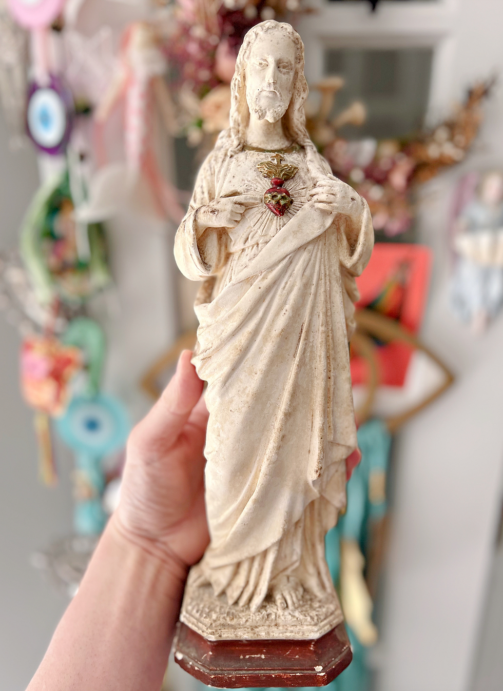 Thumbnail: Vintage Jesus Christ Sacred Heart Sculpture - Antique Chalkware