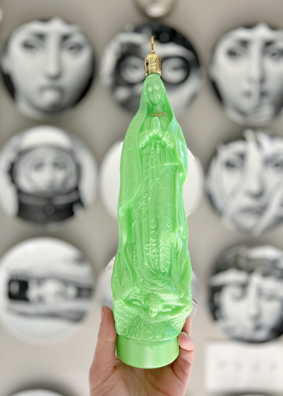 Iridescent Virgin Mary Bottle -GREEN- LARGE- Devotional, Sacred Space