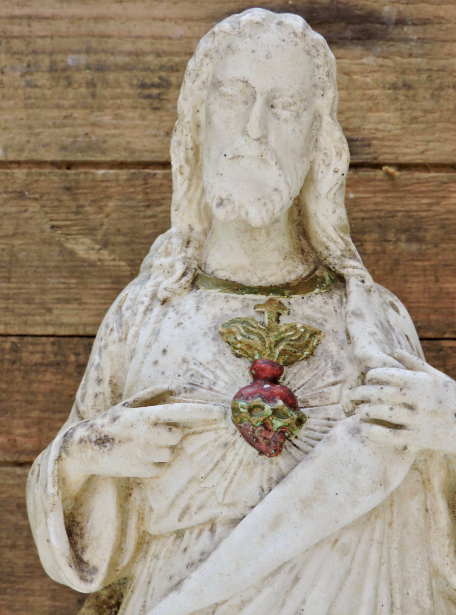 Thumbnail: Vintage Jesus Christ Sacred Heart Sculpture - Antique Chalkware