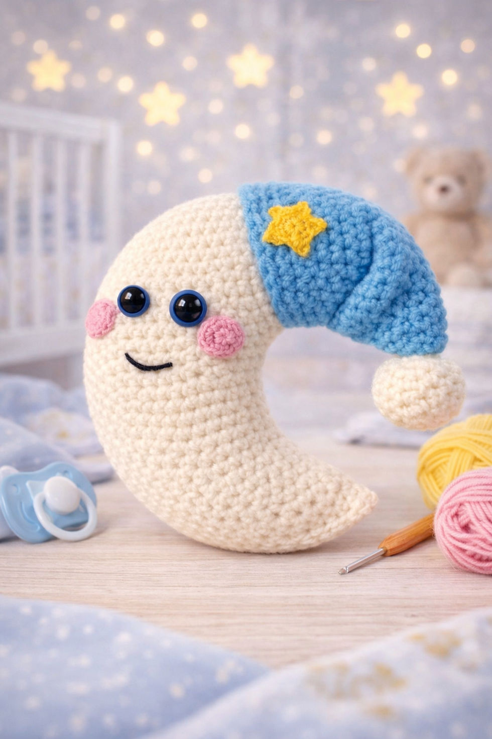 Miniaturbild: Handgehäkelter Schlafmond mit Mütze – Amigurumi Mond Unikat